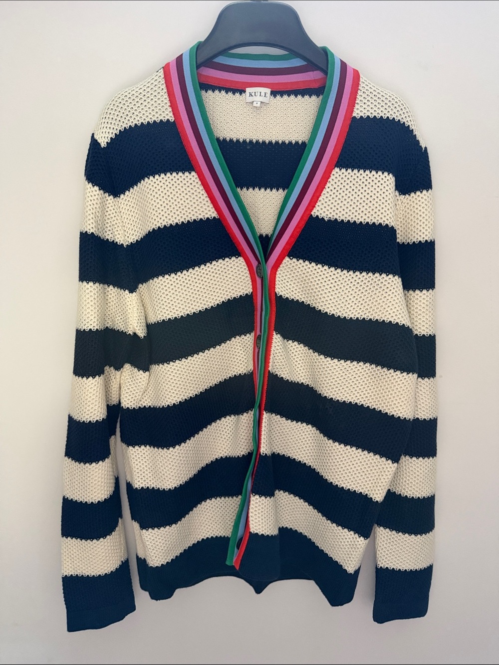 Kule Navy and Cream Striped Cotton Cardigan with Multicolor Trim - size S